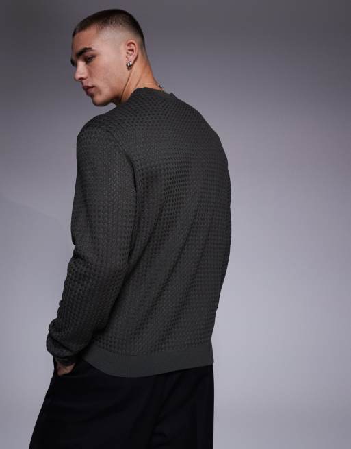 Armani Exchange crew neck textured logo jumper in dark green ASOS