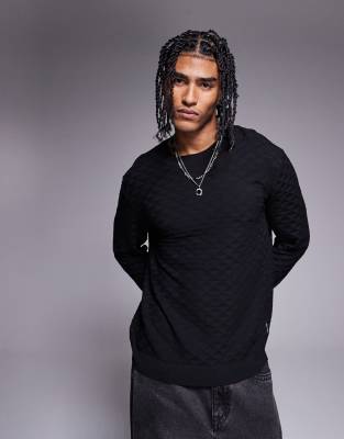 Armani Exchange Crew Neck Textured Logo Sweater In Black