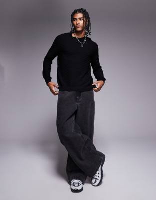 Armani Exchange Crew Neck Textured Logo Sweater In Black