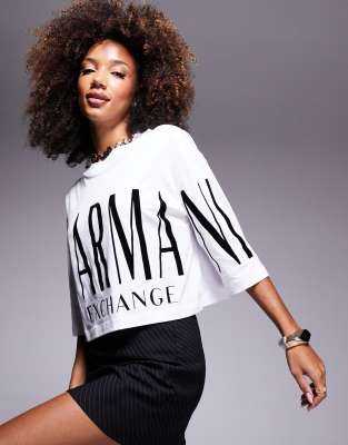 Armani Exchange Armani Exchange cropped loose fit t-shirt in white with large logo print