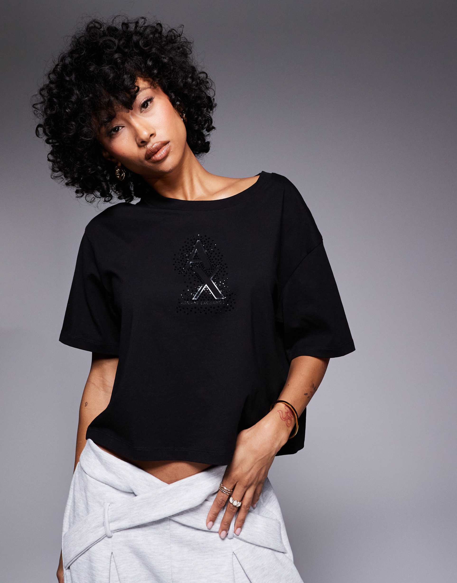 armani exchange cropped t-shirt with embellished logo in black