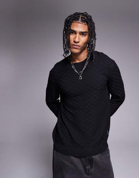 Armani Exchange crew neck textured logo jumper in black