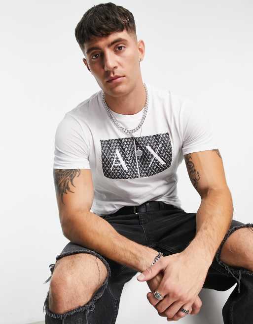 Armani Exchange diamond text logo print T-shirt in white | ASOS