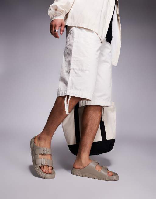Armani Exchange double strap slides in beige