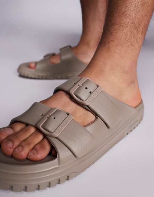 Armani Exchange double strap slides in beige