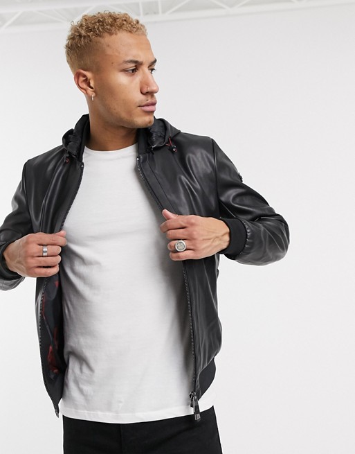 Armani Exchange eco leather jacket with detachable hood in black