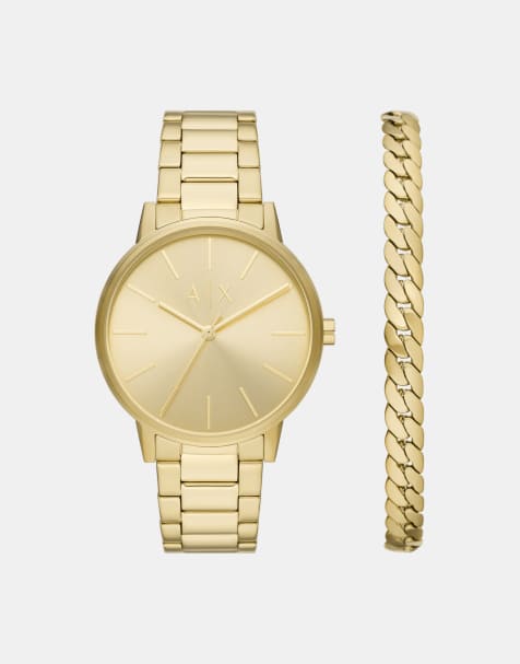 Armani Exchange - Ensemble montre à 3 aiguilles et bracelet en acier inoxydable plaqué or - Doré - view 1