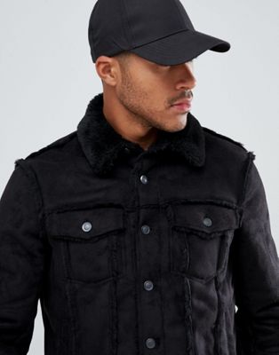 armani exchange faux shearling worker jacket in black