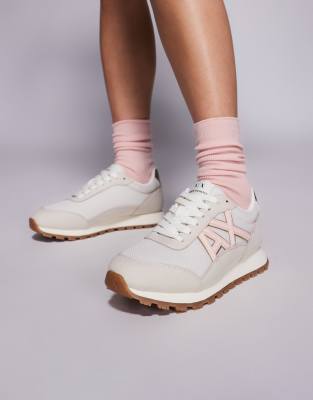 faux suede mix logo sneakers in cream and pink-White