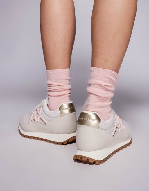 Armani Exchange faux suede mix logo sneakers in cream and pink, 3 of 5