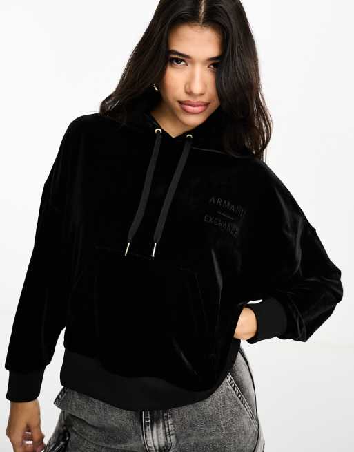 Armani Exchange - Felpa in velour nero con cappuccio