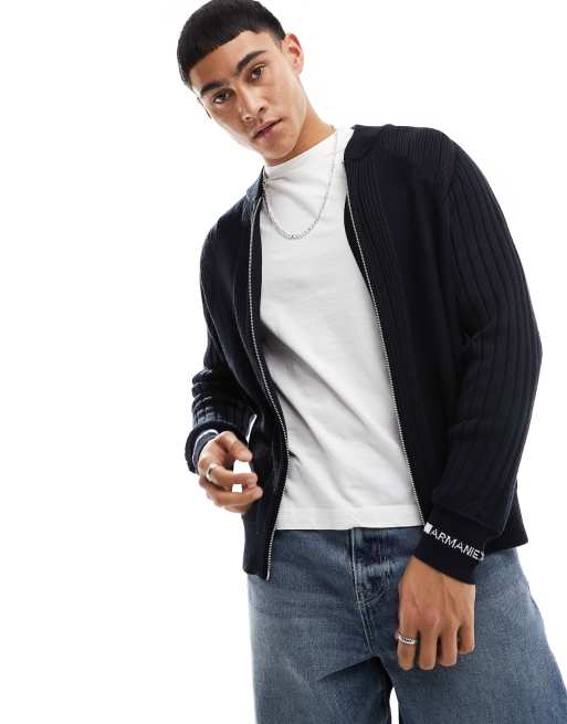 Armani Exchange - Gebreid vest van merinowol met ritssluiting en een gekleurd randje met logo aan de manchetten in marineblauw