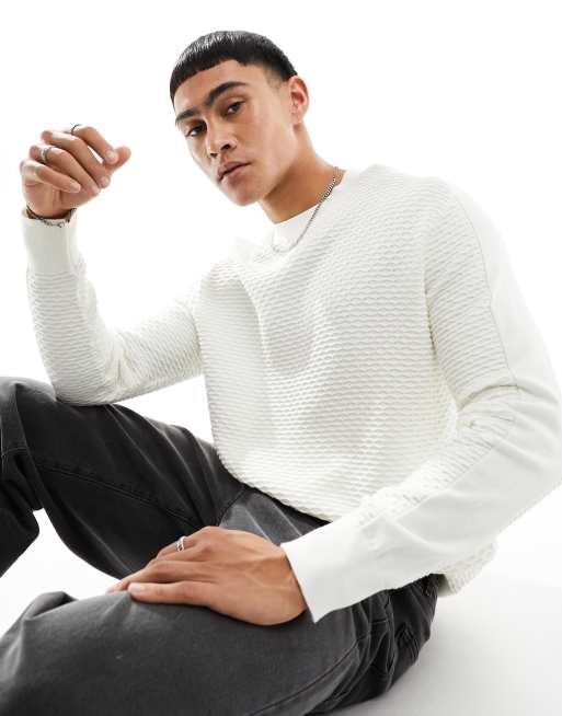 Armani Exchange - Gebreide trui van katoen met raatstructuur en contrasterende strepen aan de achterkant in gebroken wit