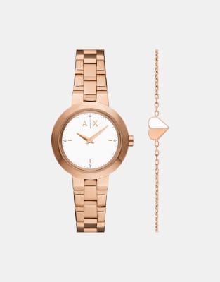 Exchange - Geschenkset für Damen mit zwei Zeigern aus Edelstahl in Roségold-Optik-Goldfarben Goldfarben One Size