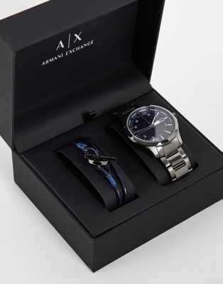 Armani Exchange – Geschenkset mit Edelstahluhr und Armband für Herren-Grau
