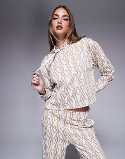 Armani Exchange – Gestrickter Kapuzenpullover in Beige mit Monogramm-Logo-Kombiteil - view 1