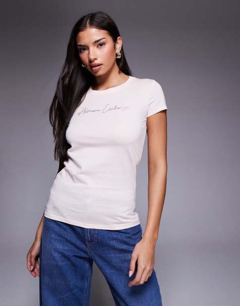 Armani Exchange gold logo t-shirt in soft pink - view 1