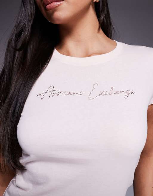 Armani Exchange gold logo t-shirt in soft pink, 3 of 4