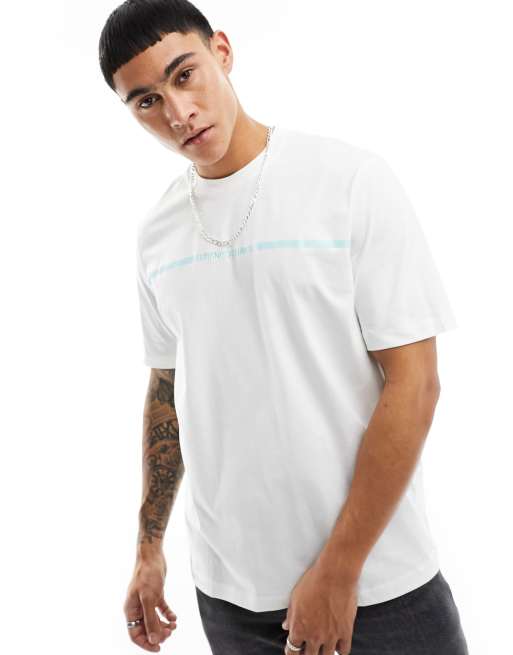 Armani Exchange – Gruby T-shirt z logo z paskiem na piersi, w kolorze złamanej bieli