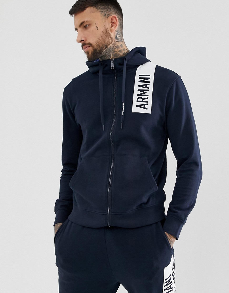 Armani Exchange hooded chest logo zip through sweat in navy