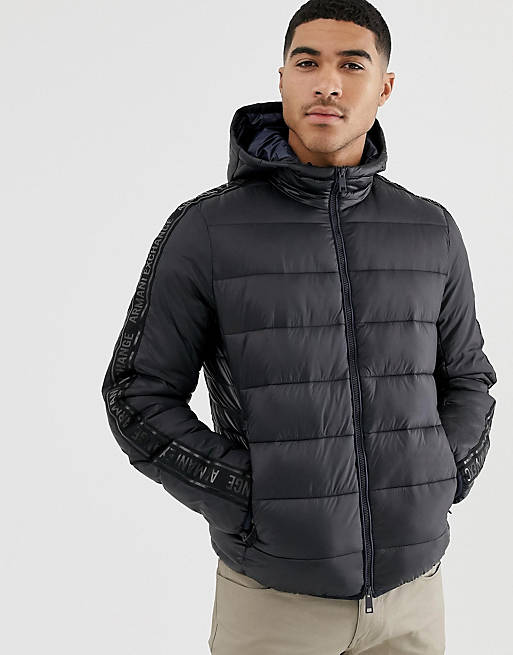 Armani Exchange hooded puffer jacket with taped sleeves in black | ASOS