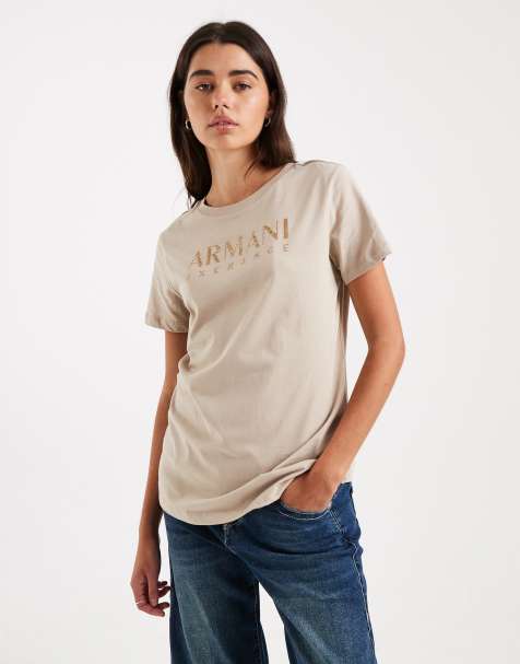 Armani Exchange – Kamiennobeżowy T-shirt z logo z dżetów - view 1