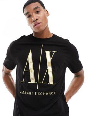 Armani Exchange large gold logo t-shirt in black