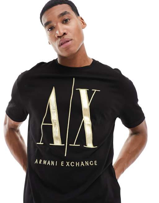 Armani Exchange large gold logo t shirt in black ASOS