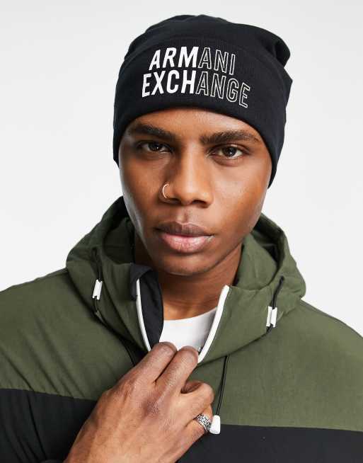 Armani Exchange large logo beanie in black