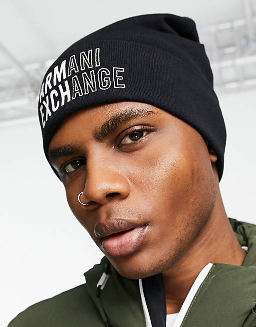  Caps & Hats/Armani Exchange large logo beanie in black 