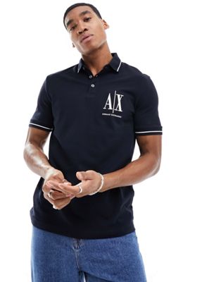 Armani Exchange Large Logo Tipped Pique Polo In Navy