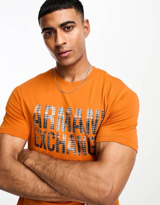 Armani Exchange large tartan logo T shirt in orange ASOS