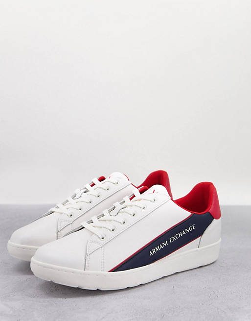 Armani Exchange leather panel logo trainers in white/ navy/ red