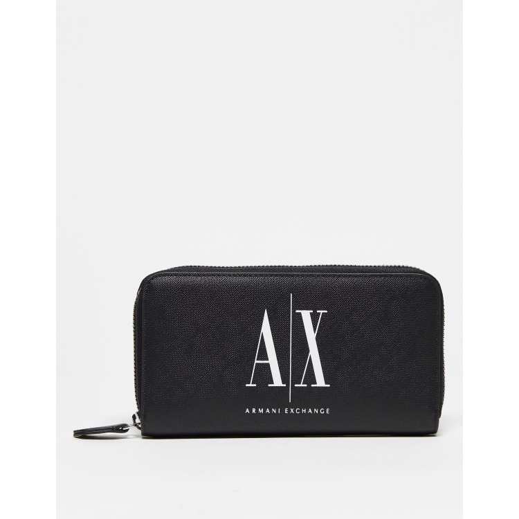 Armani Exchange leather zip round purse in black