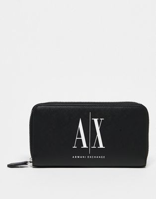 Armani Exchange leather zip round purse in black