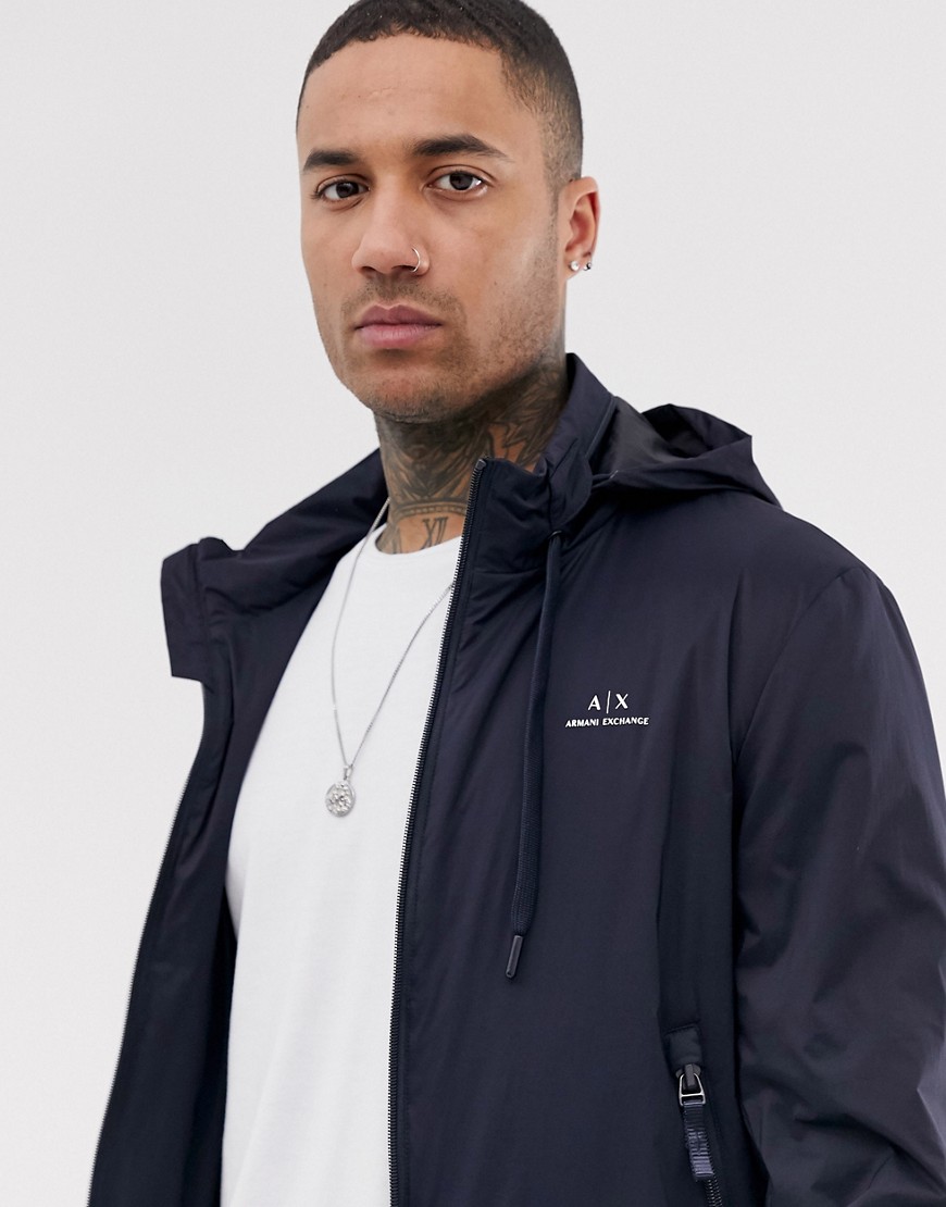 Armani Exchange lightweight logo jacket with concealed hood in navy