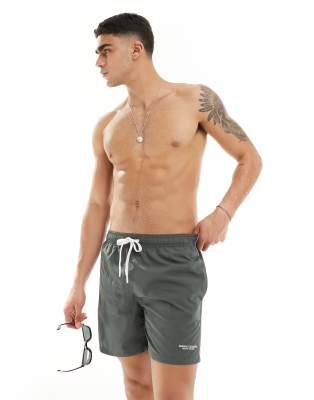 Armani Exchange Armani Exchange linear logo contrast piping swim shorts in charcoal-Grey