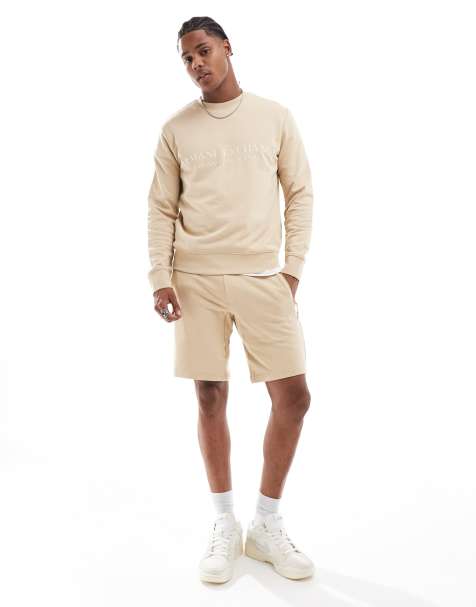 Armani Exchange linear logo sweat shorts in beige CO-ORD - view 1