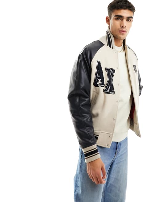 Armani Exchange – Ljusbeige och svart bomberjacka med logga