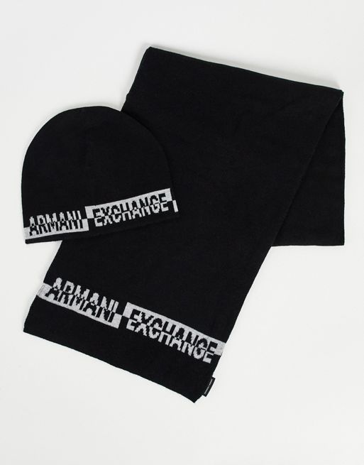 Armani Exchange logo beanie hat & scarf gift set in black | ASOS