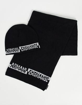 Armani Exchange logo beanie hat & scarf gift set in black