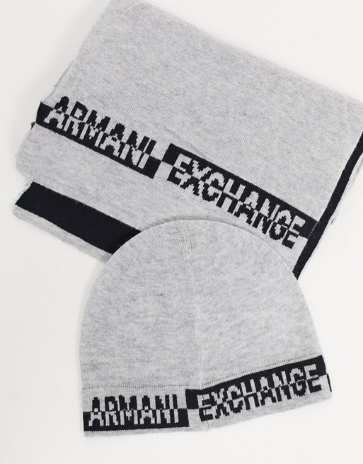 Armani Exchange logo beanie hat & scarf gift set in grey