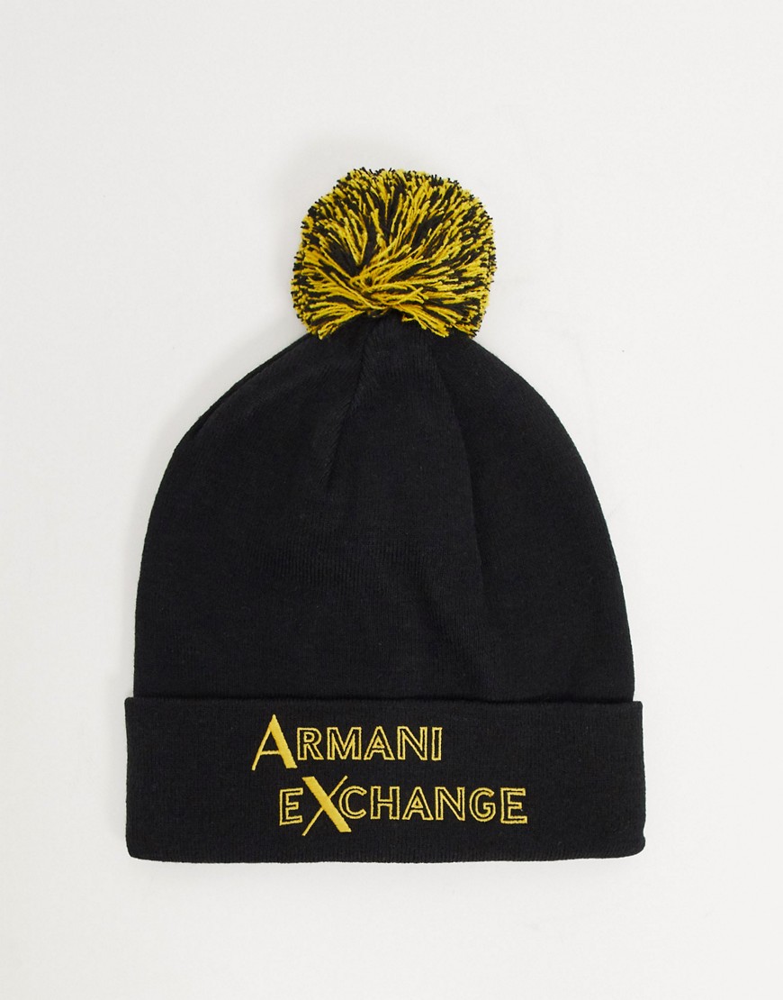 Armani Exchange logo bobble beanie hat in black/yellow