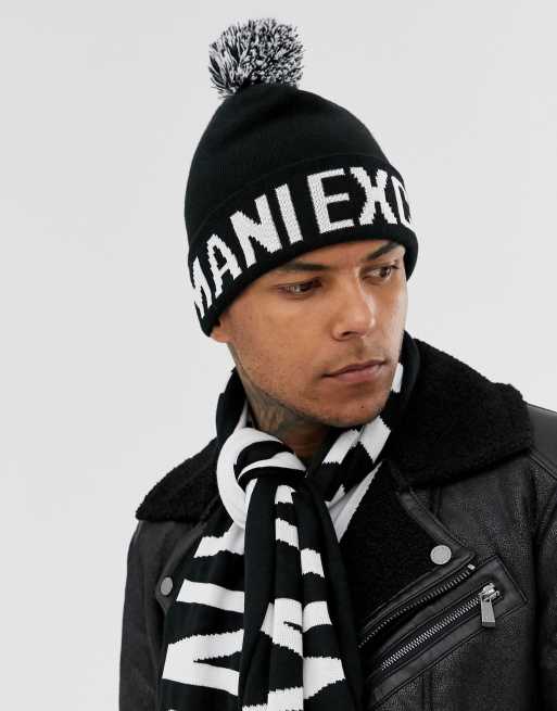 Armani Exchange logo bobble beanie hat in black | ASOS