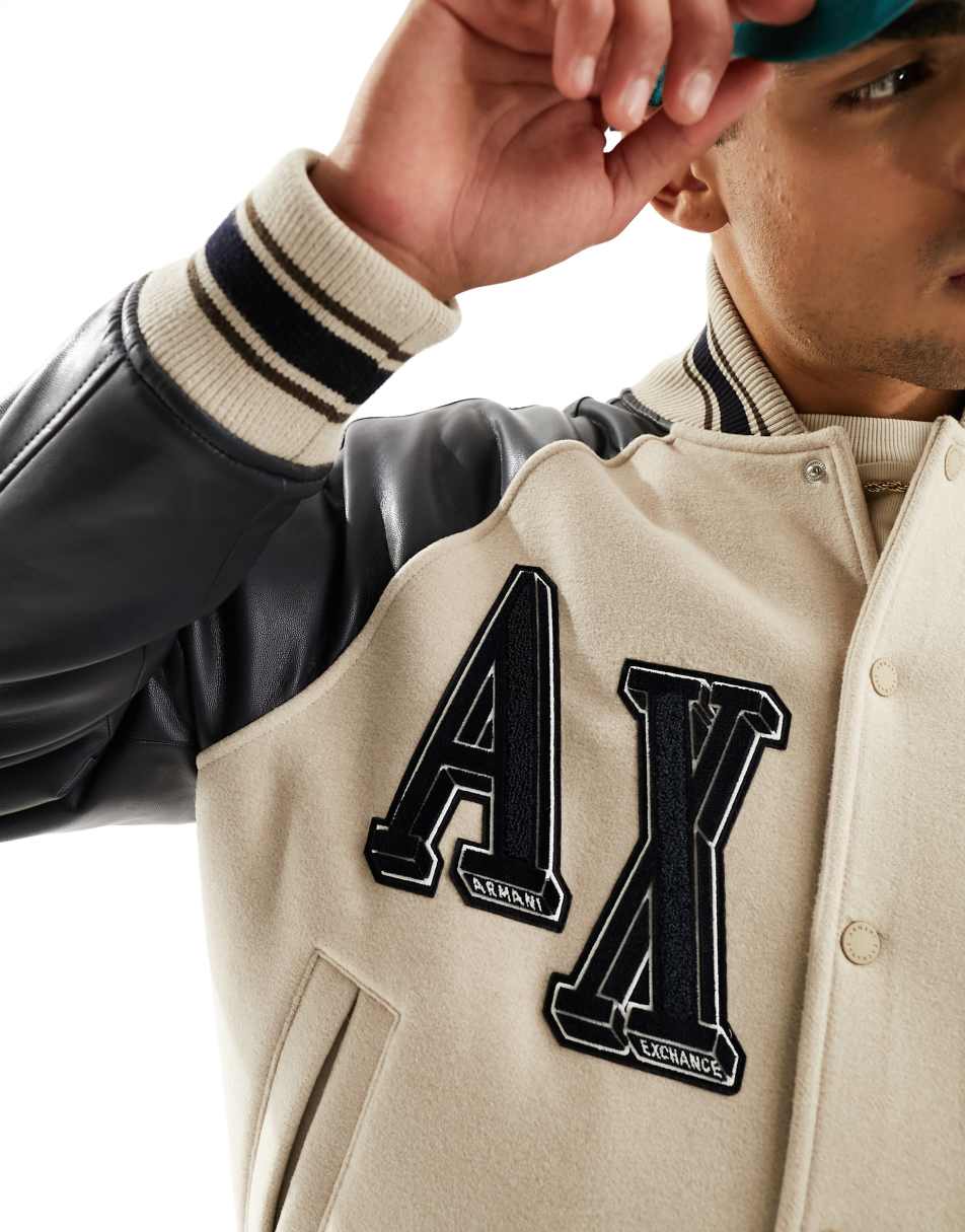 Armani Exchange logo bomber jacket in light beige and black