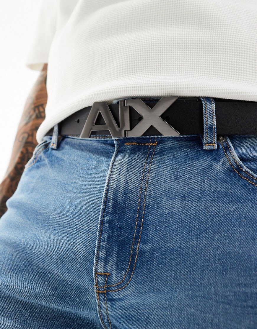 Armani Exchange logo buckle reversible leather belt in black/charcoal