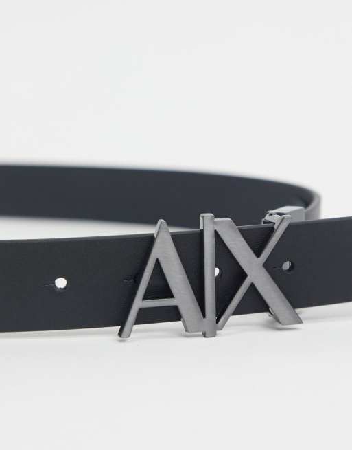 Armani Exchange logo buckle reversible leather belt in black/gray