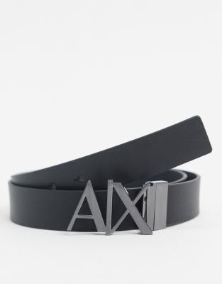 Armani Exchange logo buckle reversible leather belt in black/grey