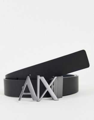 Armani Exchange logo buckle reversible leather belt in black/grey