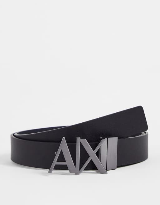 Armani Exchange logo buckle reversible leather belt in black/grey | ASOS